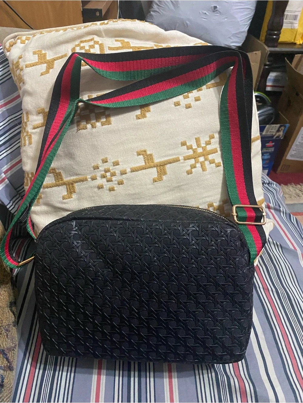 Black Messenger Bag with Green & Red Stripe